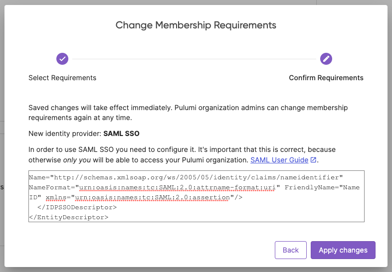 Pulumi SAML SSO Configuration