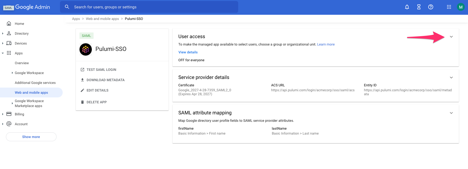 Enable the SAML application