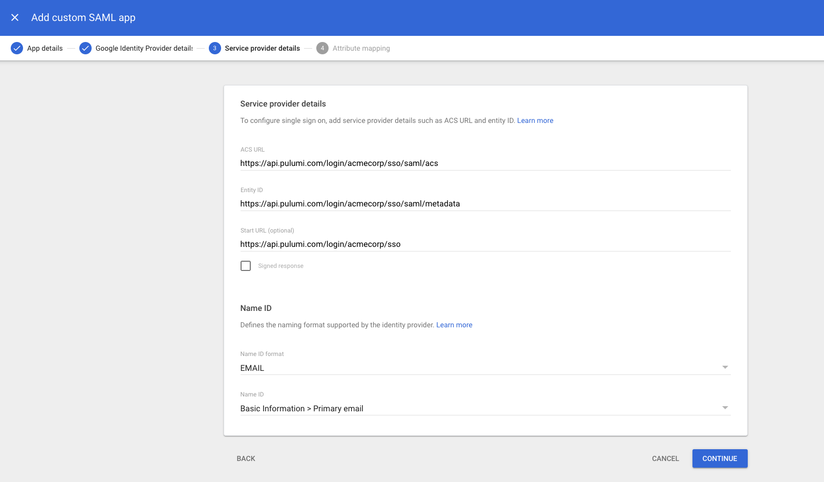 Step 3: Provide ACS and metadata URLs