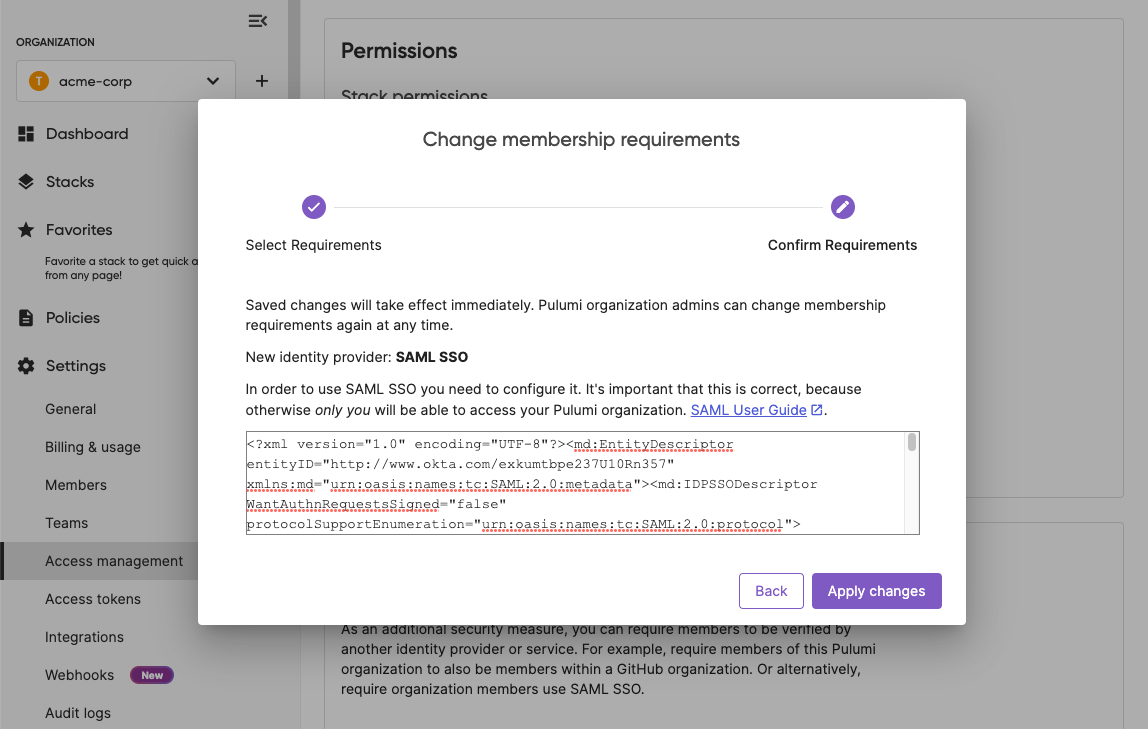 Pulumi Organization Settings