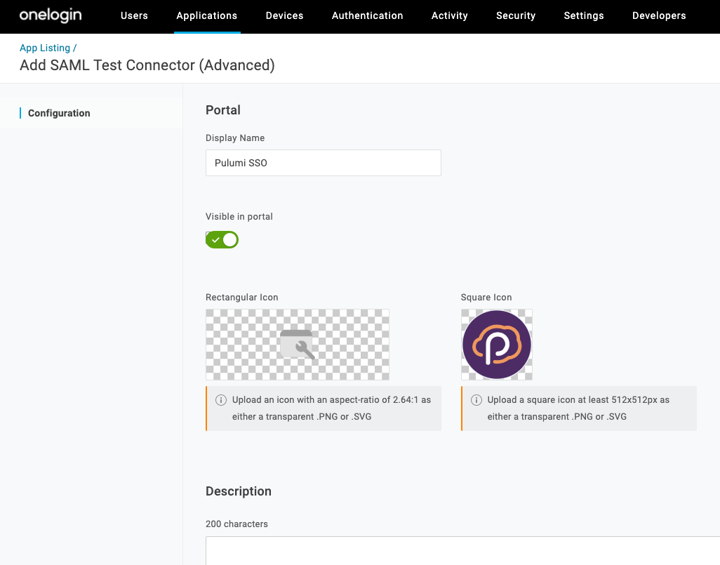 Creating a OneLogin Application example