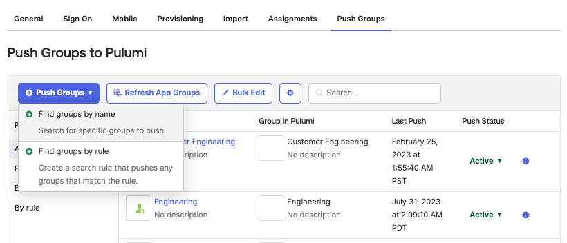 Push Groups drop down menu in Okta