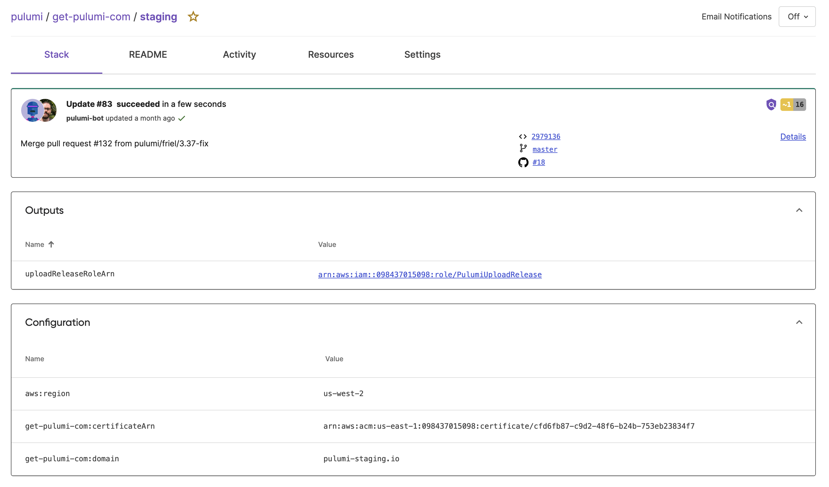 Stack outputs and configuration