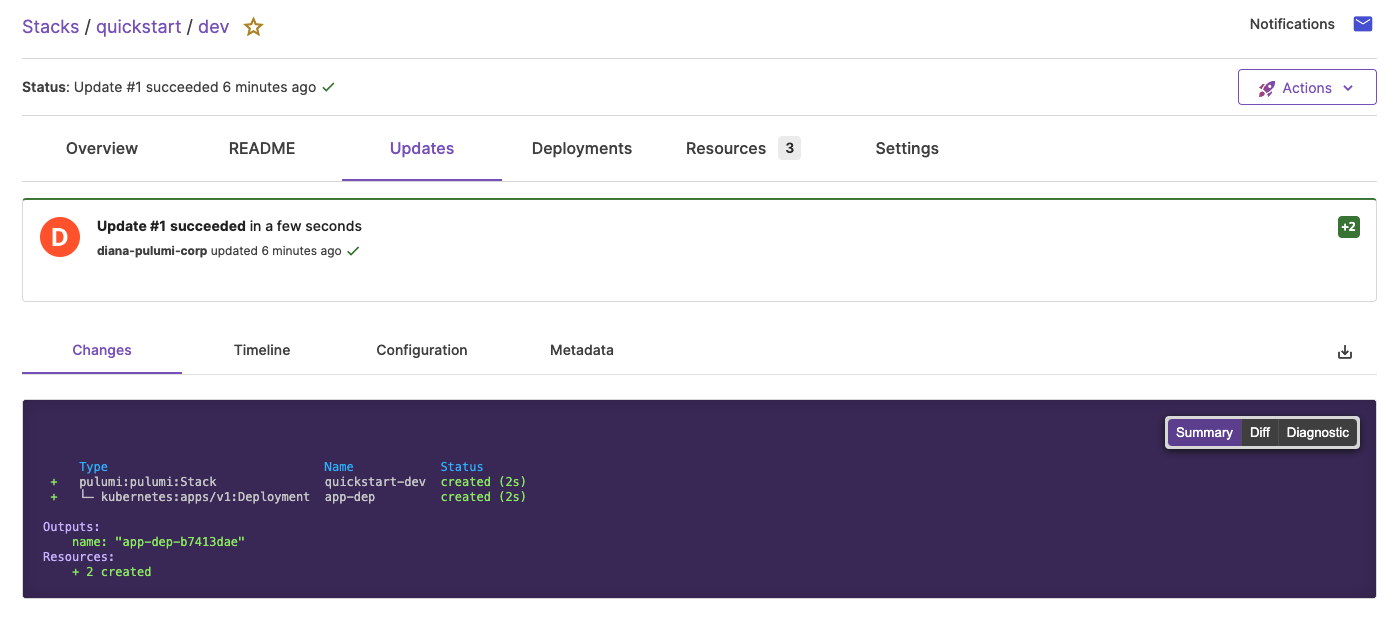 A stack update with console output, as shown in the Pulumi Service