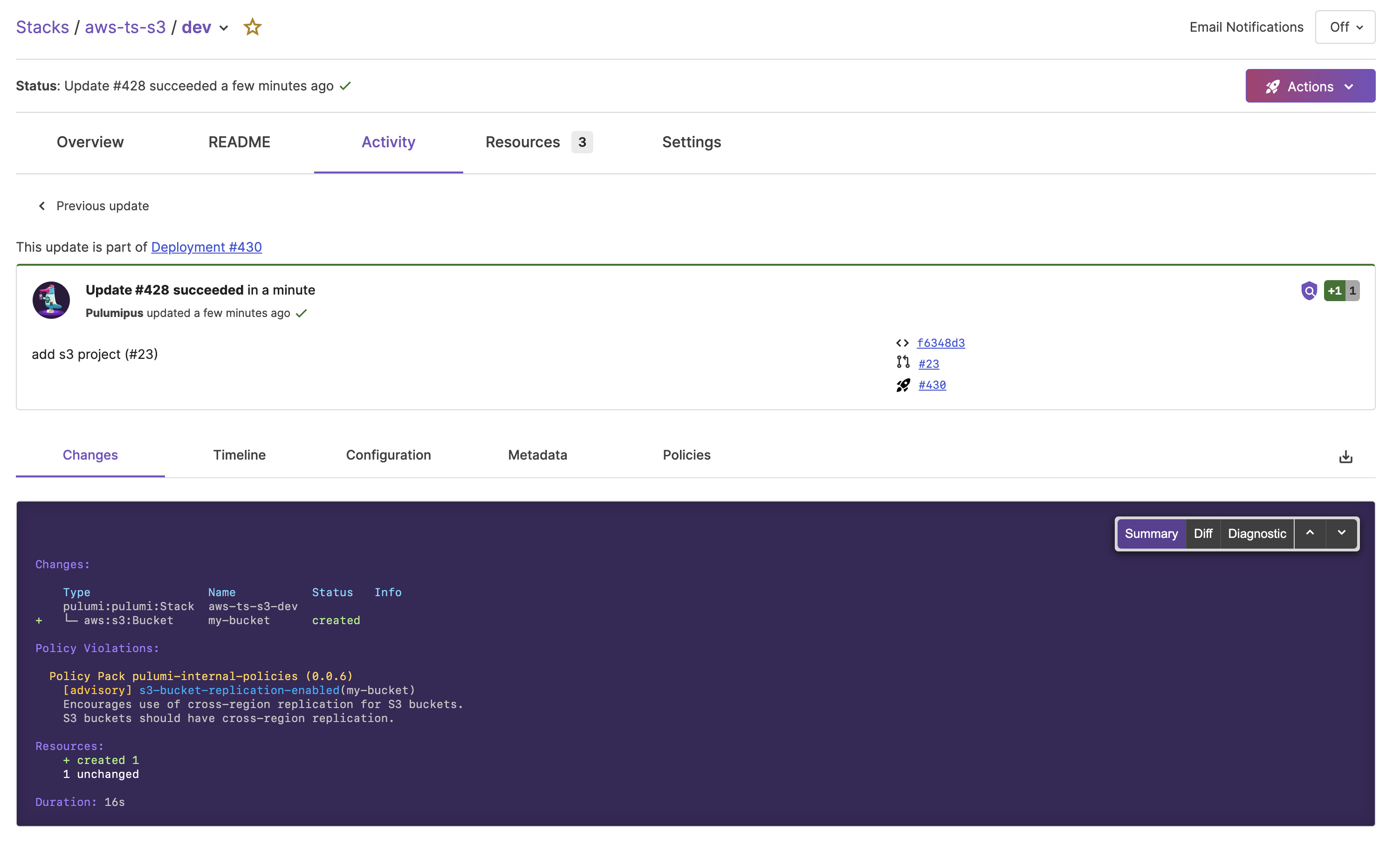 Pulumi infrastructure as code example