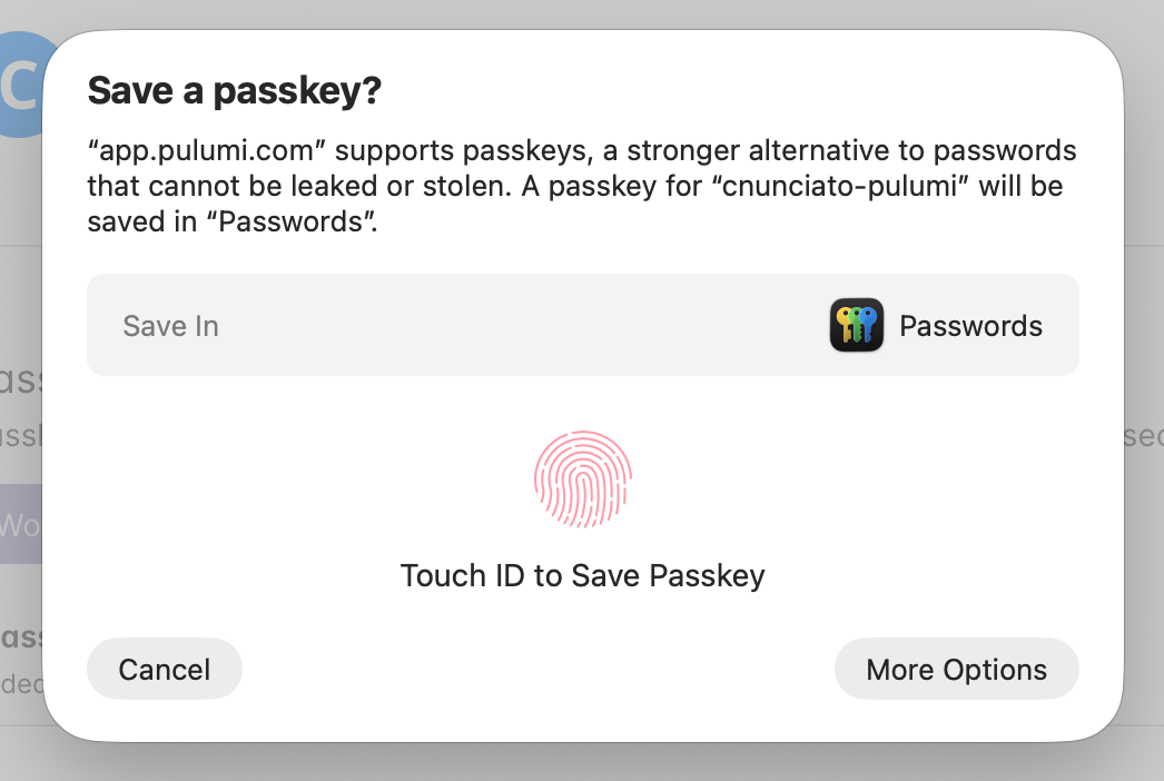 Saving a new passkey in Pulumi Cloud