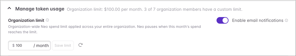 The Manage token usage panel, where an admin sets the organization’s monthly Neo limit and turns on email notifications