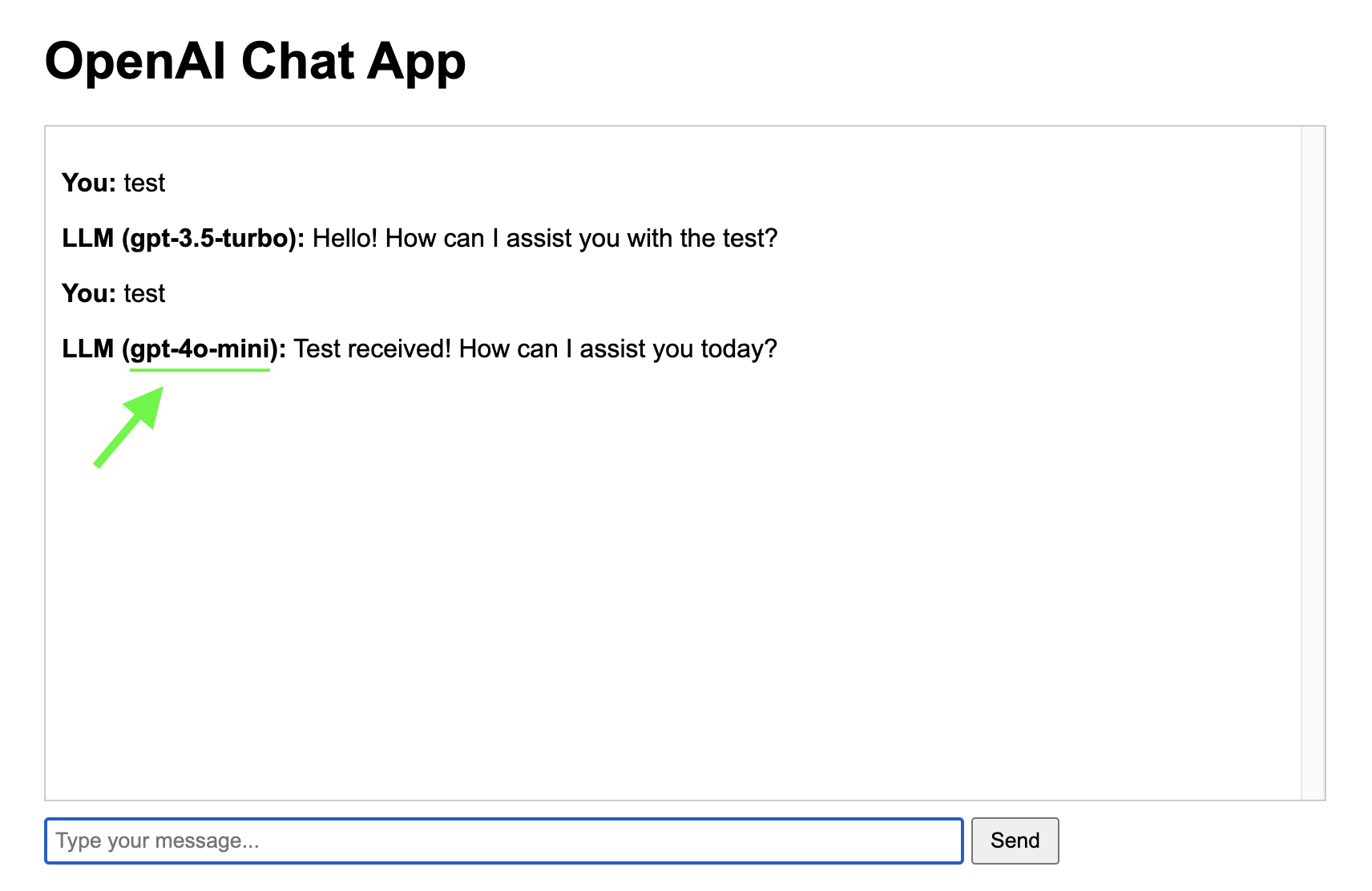 Figure: The chatapp web UI is now using the gpt-4o-mini model