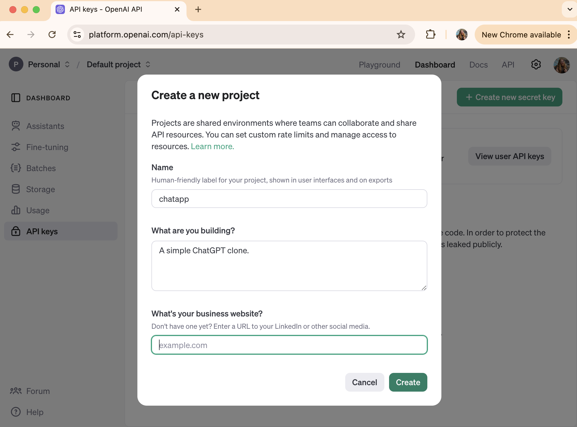 Figure: OpenAI Create Project dialog