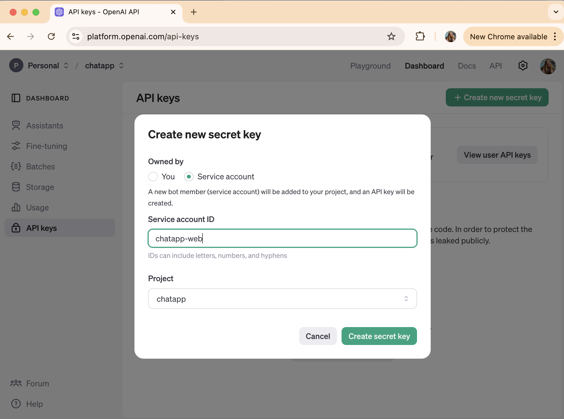 Figure: OpenAI Create API Key dialog.