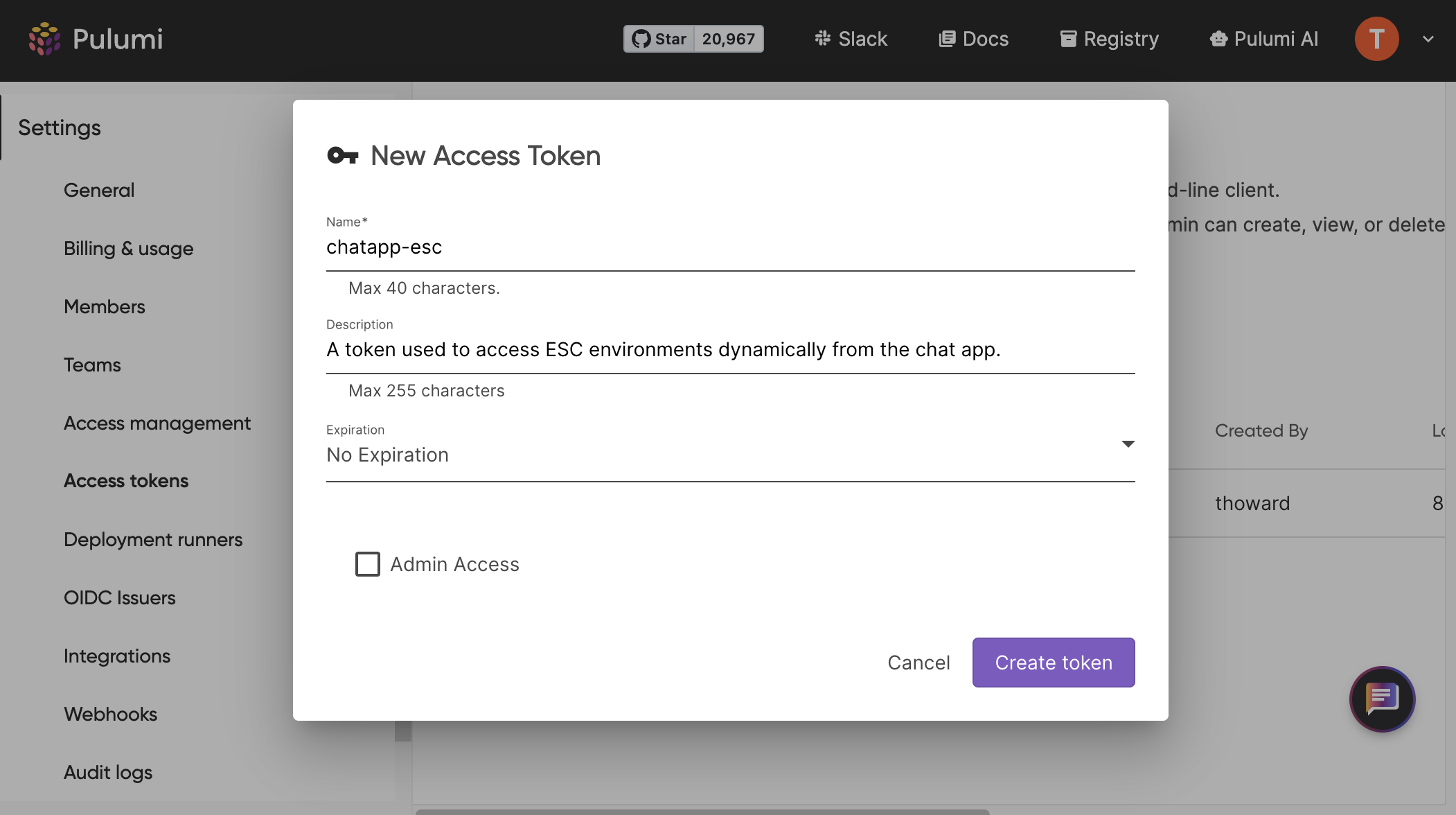 Figure: Create an access token in Pulumi Cloud