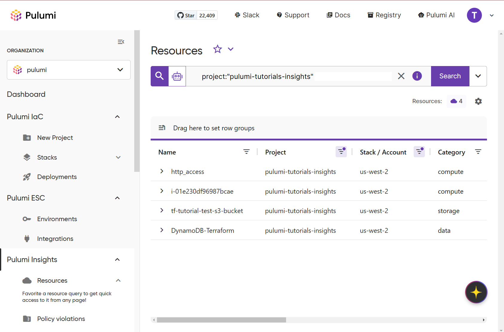 “List of account resources in Insights”