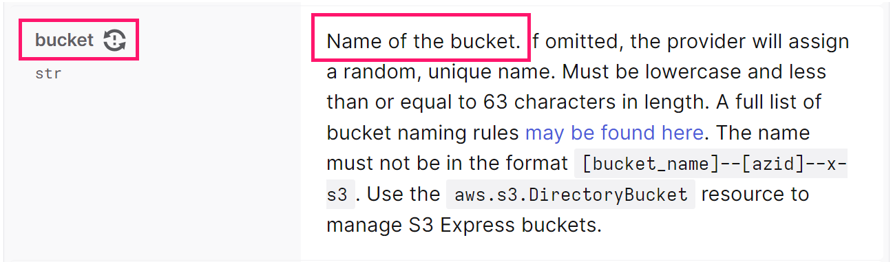 Bucket property in property table in API documentation