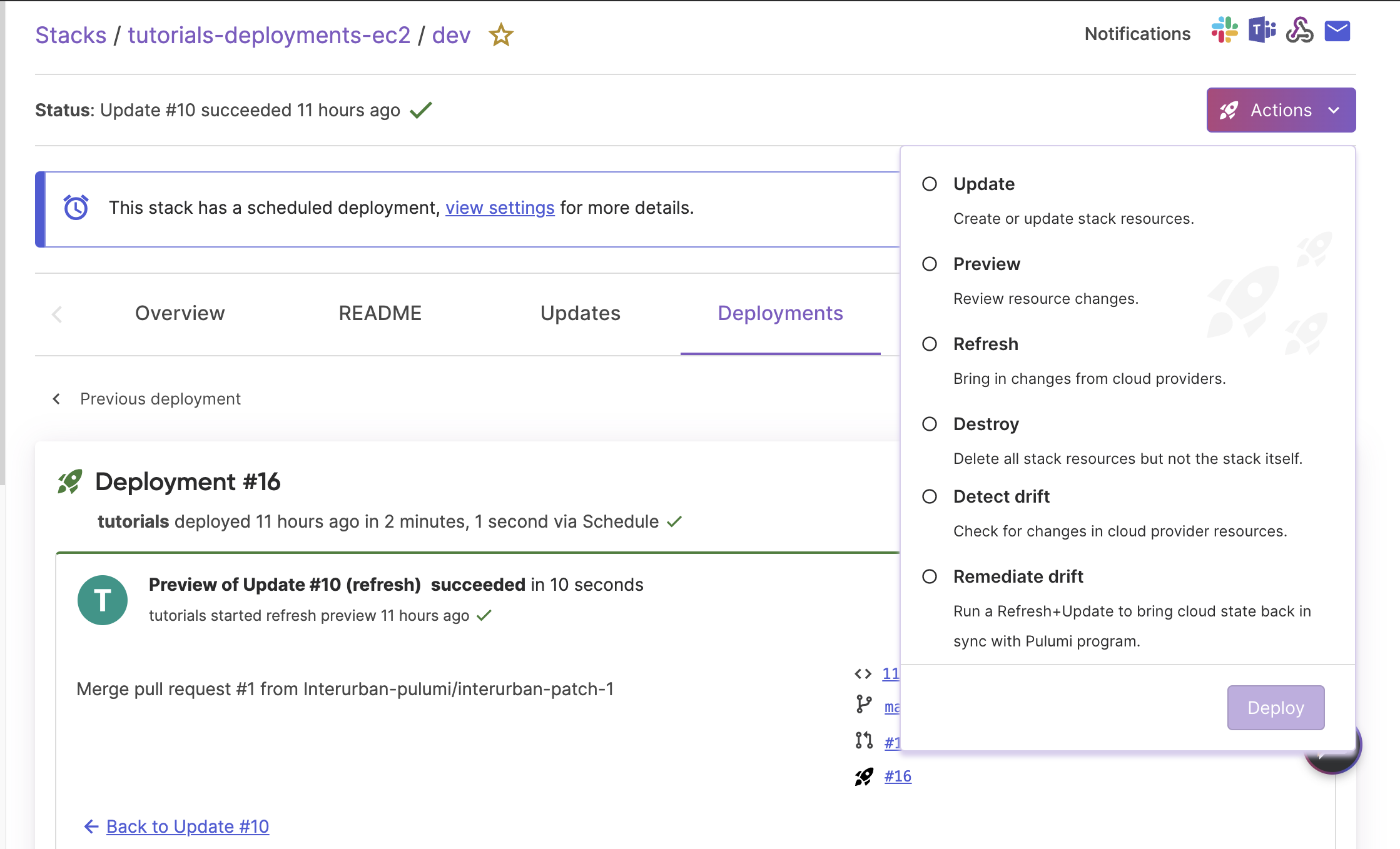Image of the Pulumi cloud console actions