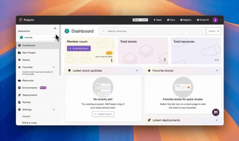 Animation of how to create a new project in Pulumi Cloud