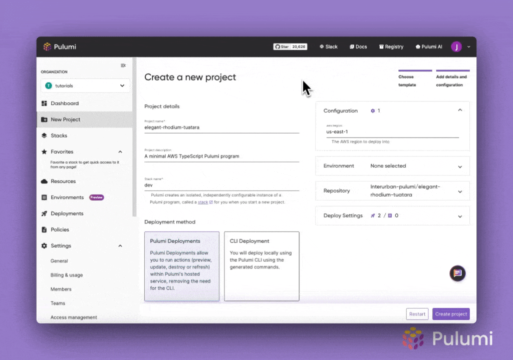 Animation of how to create a new project in Pulumi
