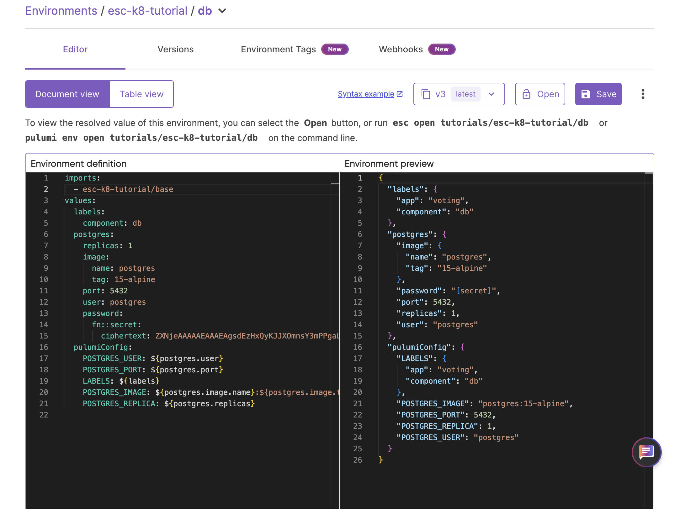 Image of the Pulumi ESC in the Pulumi cloud console actions