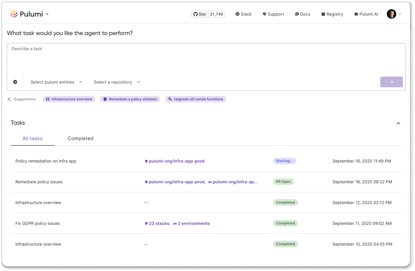 Pulumi Neo AI platform engineer automating infrastructure tasks.
